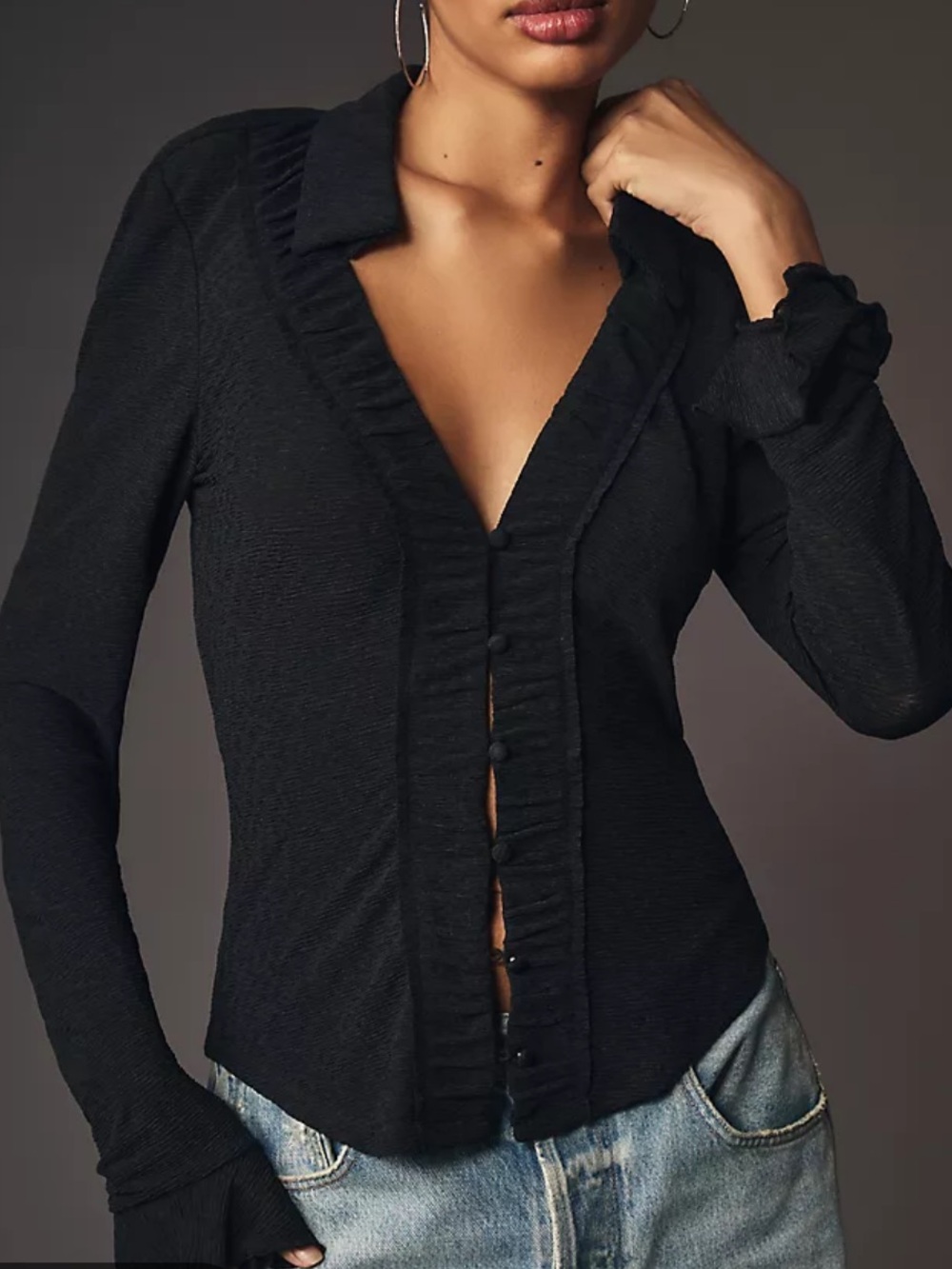 Anthropologie Black Long Sleeve Textured Button-Front Top